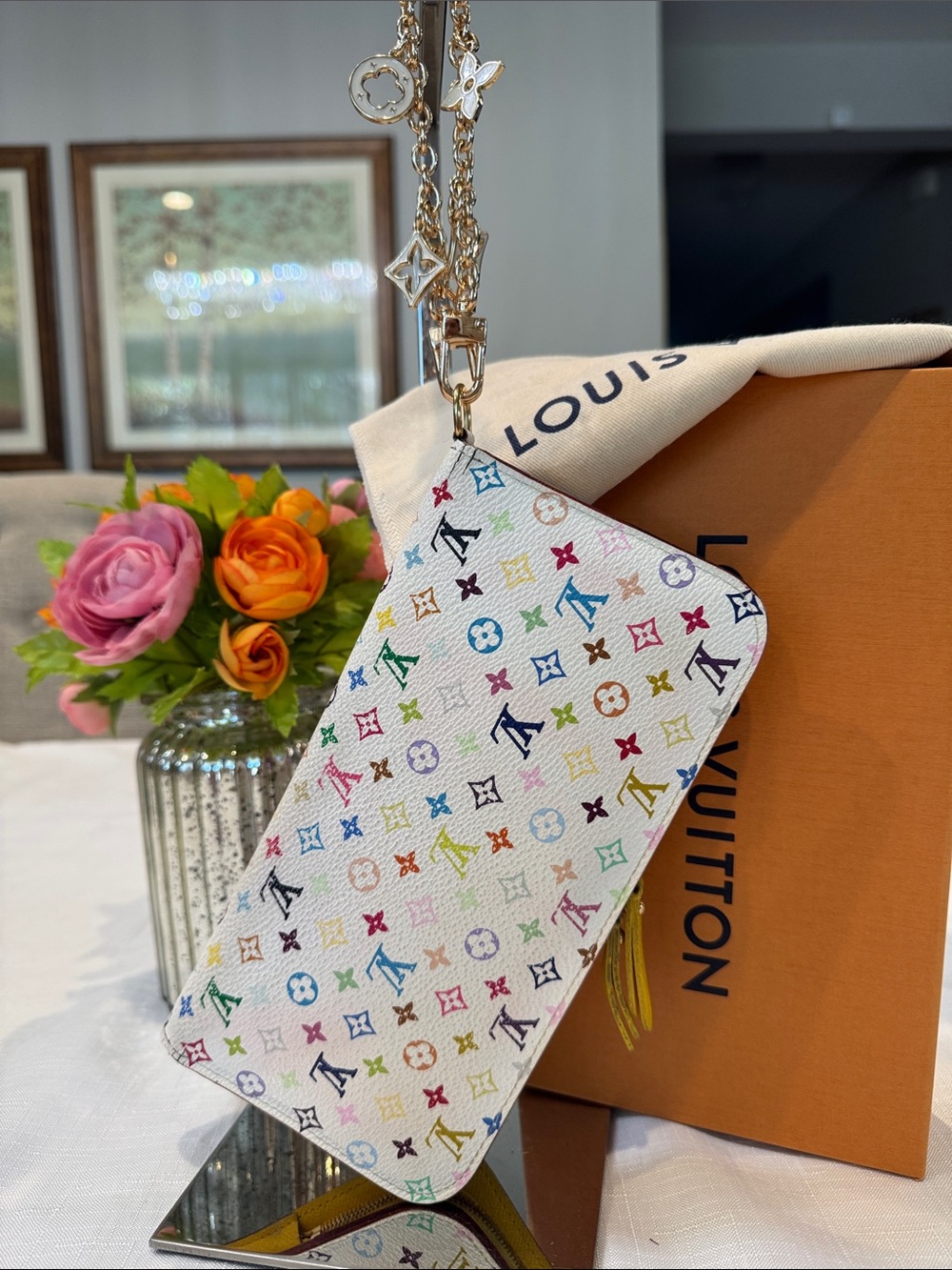 Authentic Louis Vuitton White Multicolor Monogram Wallet with Gold Chain